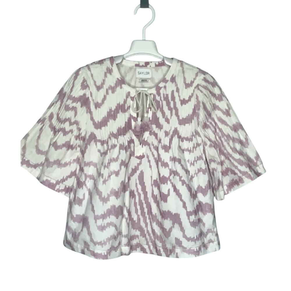 Saylor Lavender White Ikat Pintucked Tie Front Top Size Small
